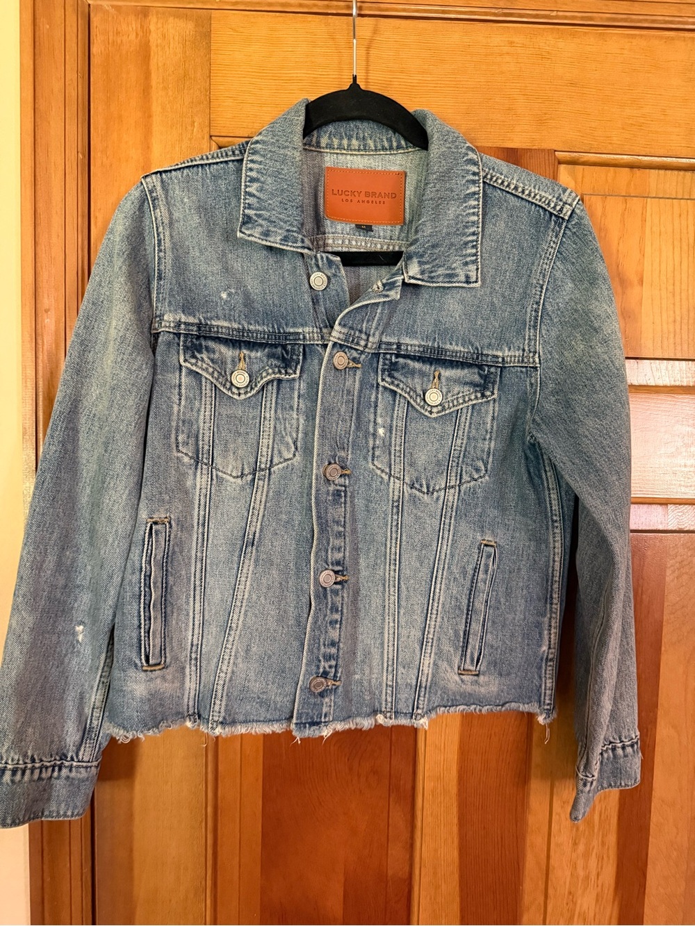 Lucky Brand Faded Blue Denim Jacket with Leather Patch